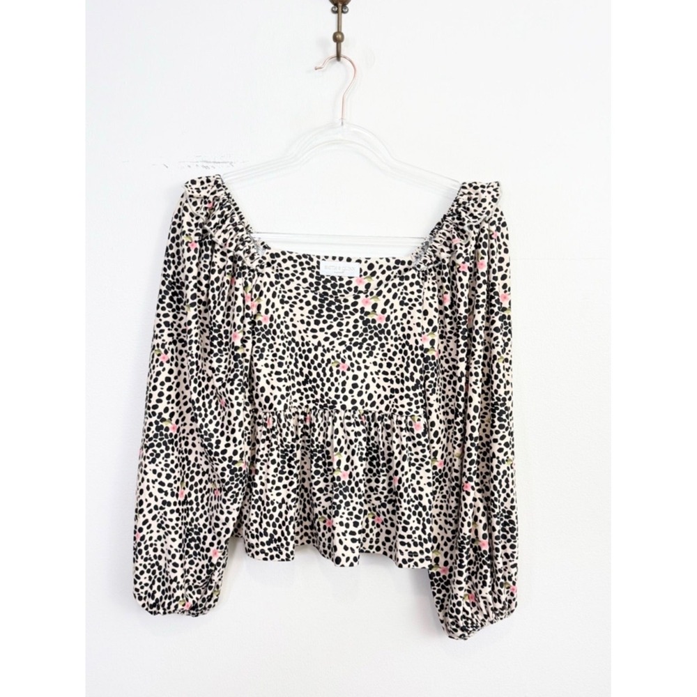 Smith & Quinn Leopard Floral Peplum Blouse Puff Sleeve Square Neck XS